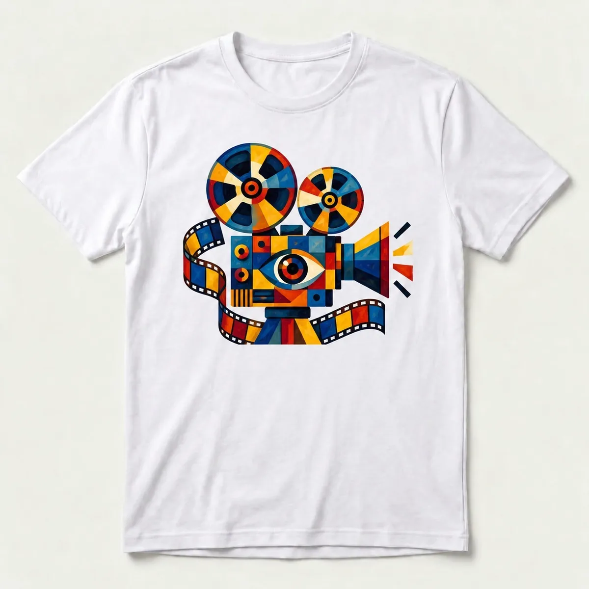 Playera blanca ACTIMOTEKA con diseño de cámara de cine