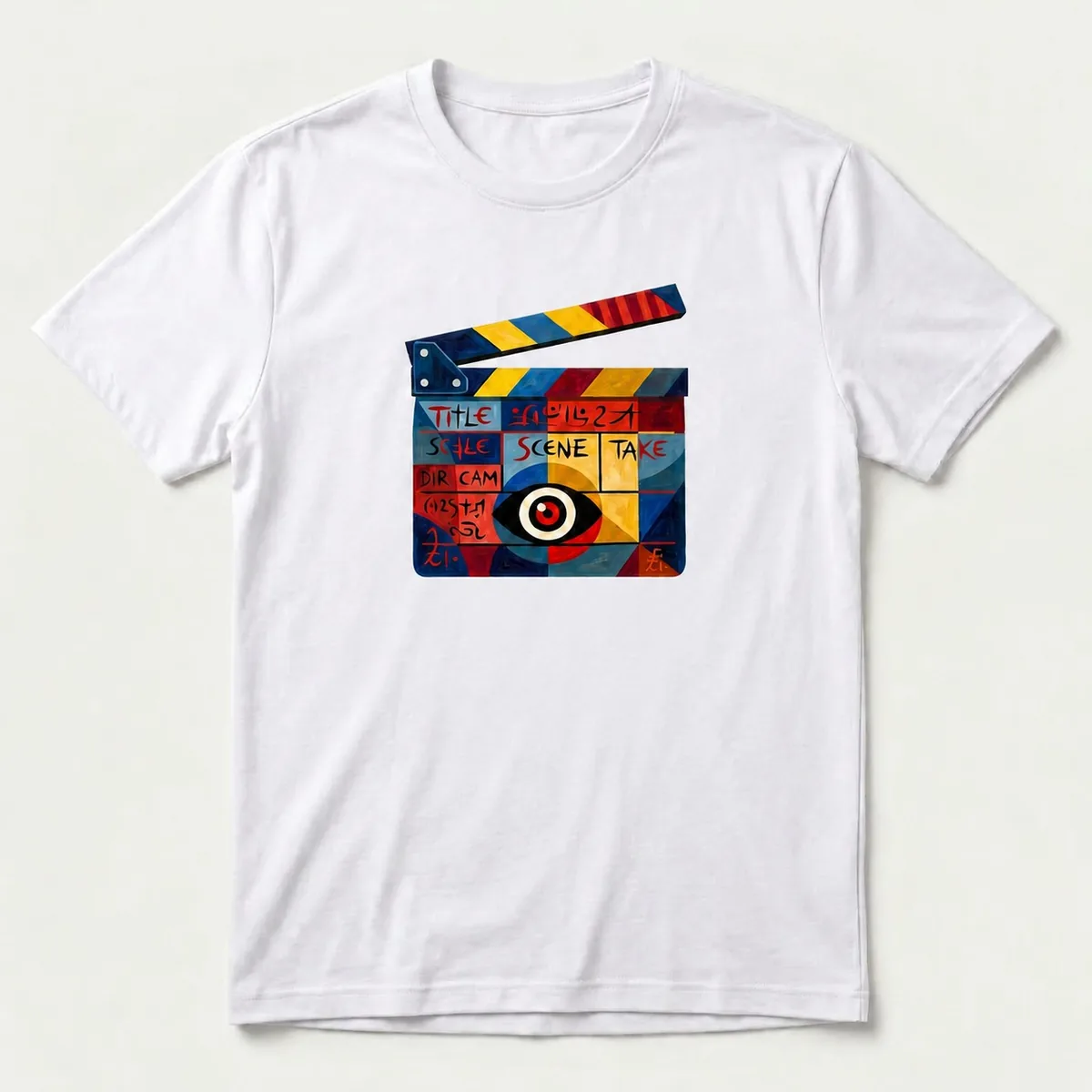 Playera blanca ACTIMOTEKA con diseño de claqueta